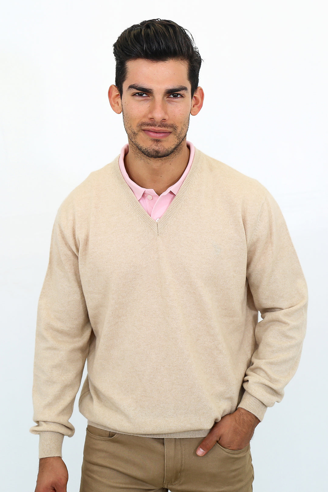 Mens Cashmere V Neck Sweater Tan Pine Cashmere